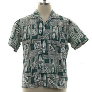 Vintage 80s Men's XL Hawaiian Shirt Green White Surfboard Turtle Print
